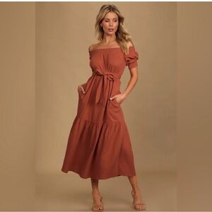Lulu’s Burnt Orange Cotton Gauze Off-Shoulder Short Sleeve MIDI Dress Medium